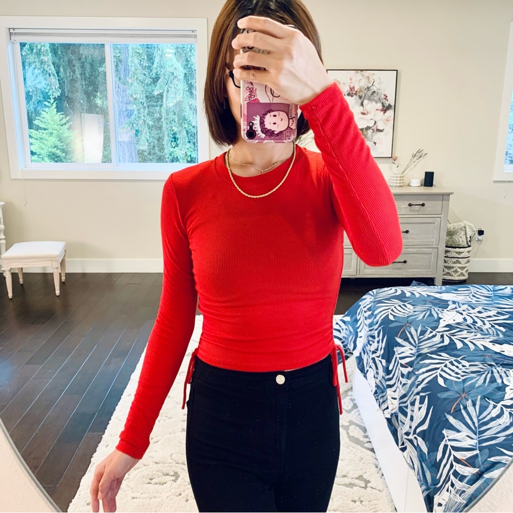 Zara Ribbed Long-sleeves Top In Red - Picture 8 of 9
